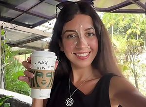 Blowjob in a Public Toilet Starbucks and Cumwalk - She drinks coffee with cum on face among people